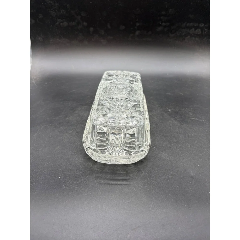 Vintage Clear Pressed Glass Butter Dish with Lid Starburst Pattern Rectangular